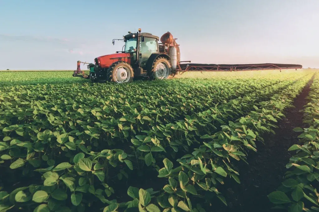 Tractor working in cultivated fields