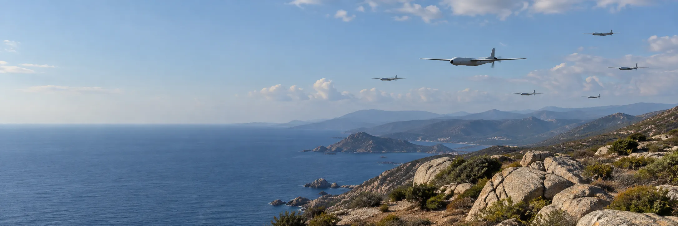 Illustration of a swarm of small fixed-wing UAVs flying together above a coastline