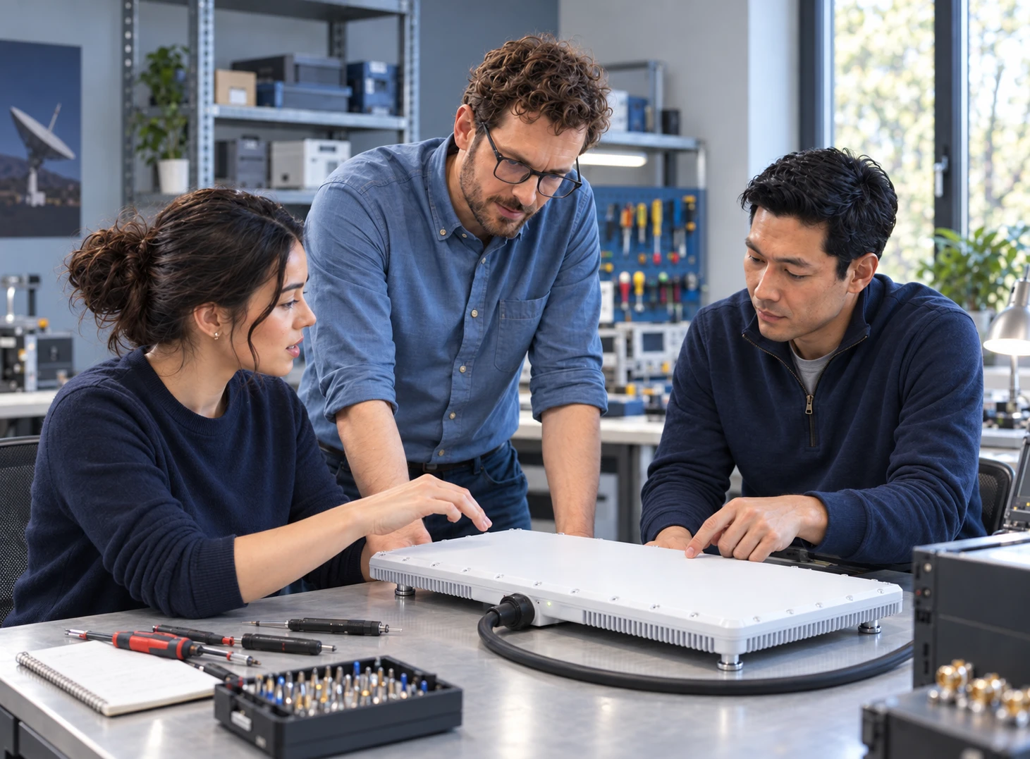 Satellite communications engineers collaborating at a terminal test bench