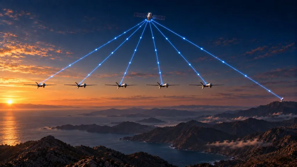 Satellite links connecting a UAV swarm