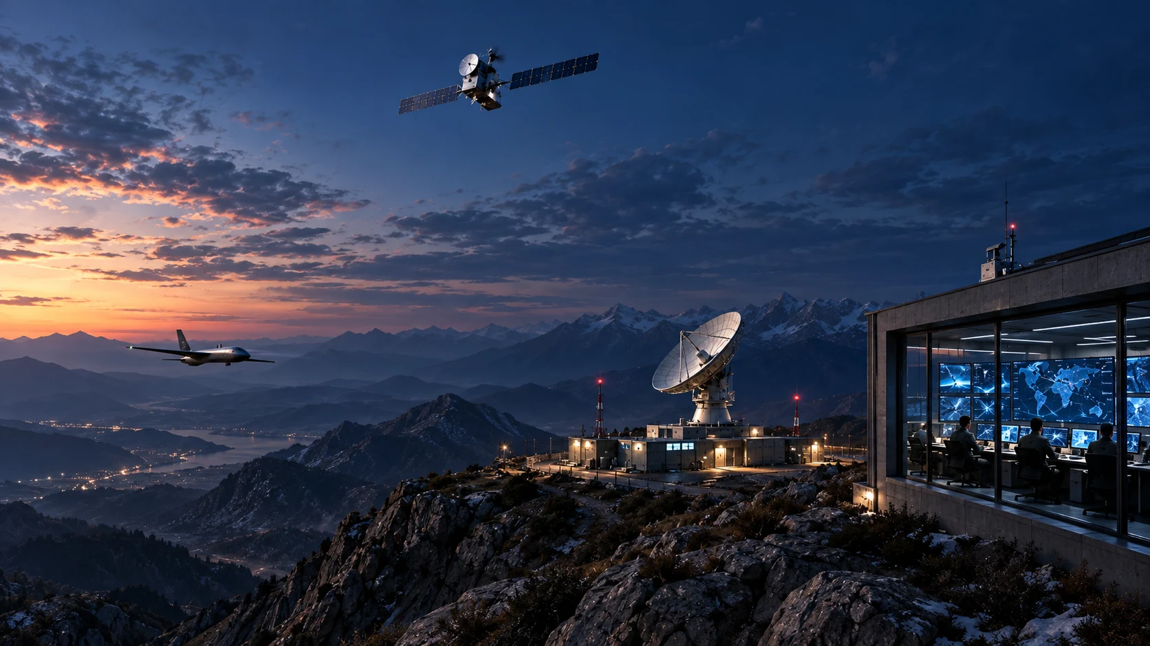 Concept illustration: a small UAV, satellite, mountaintop gateway and flight operations room