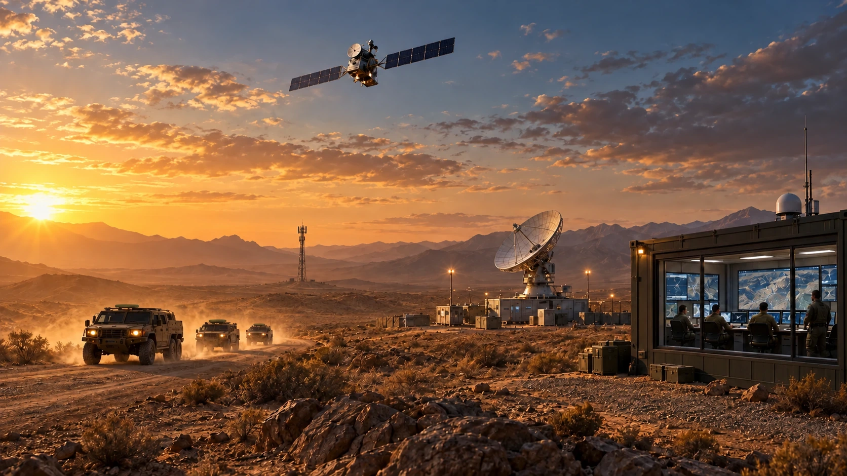 Concept illustration: a desert convoy, satellite, forward gateway and field command post