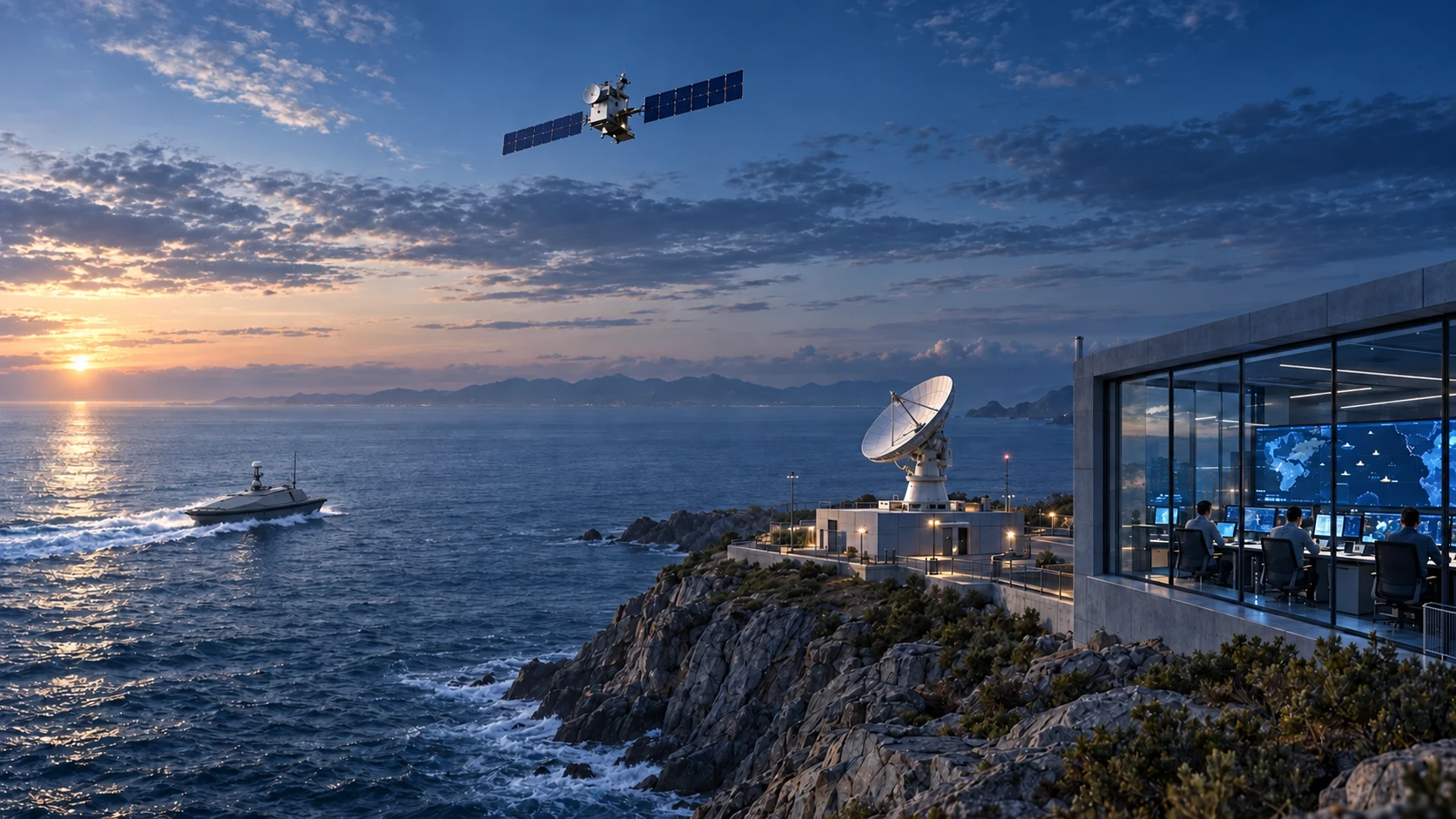 Concept illustration: a vessel at sea, satellite, coastal gateway and sea operations room