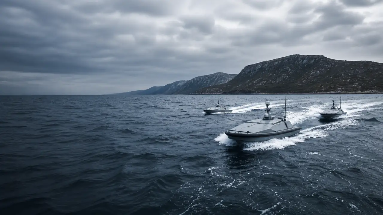 Illustration of a fleet of three sea patrol vessels operating together at sea