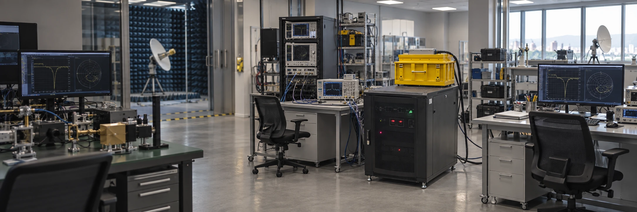 HiSKY integration tester with absorbing cup in an electronics laboratory