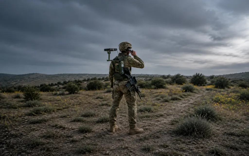 Field communications operator centered in a natural landscape