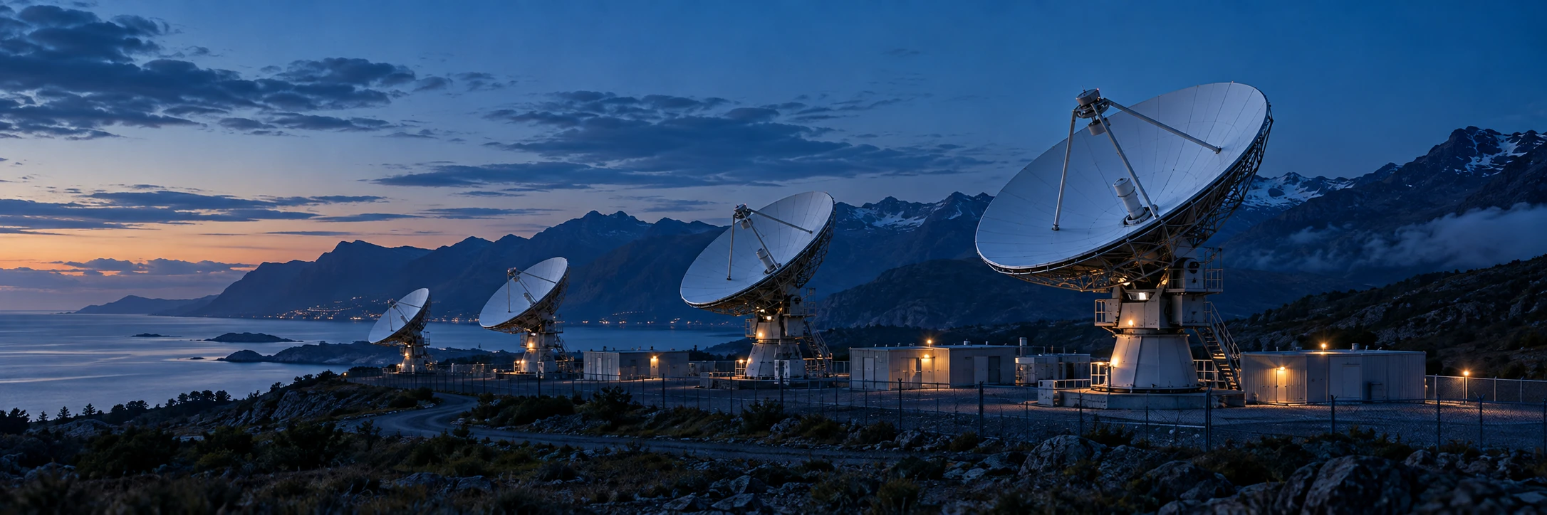 Satellite teleport antennas overlooking a mountain coastline at blue hour