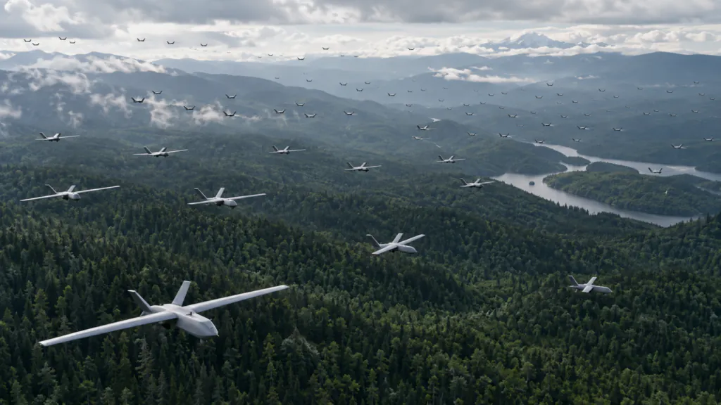 Illustration of a large UAV formation above a forested landscape
