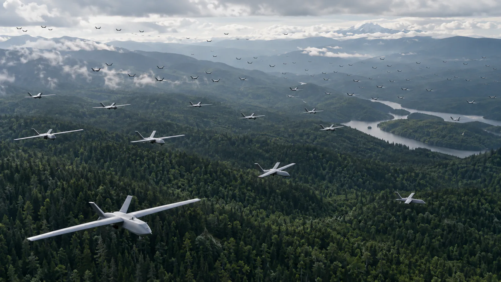 Illustration of a large UAV formation above a forested landscape