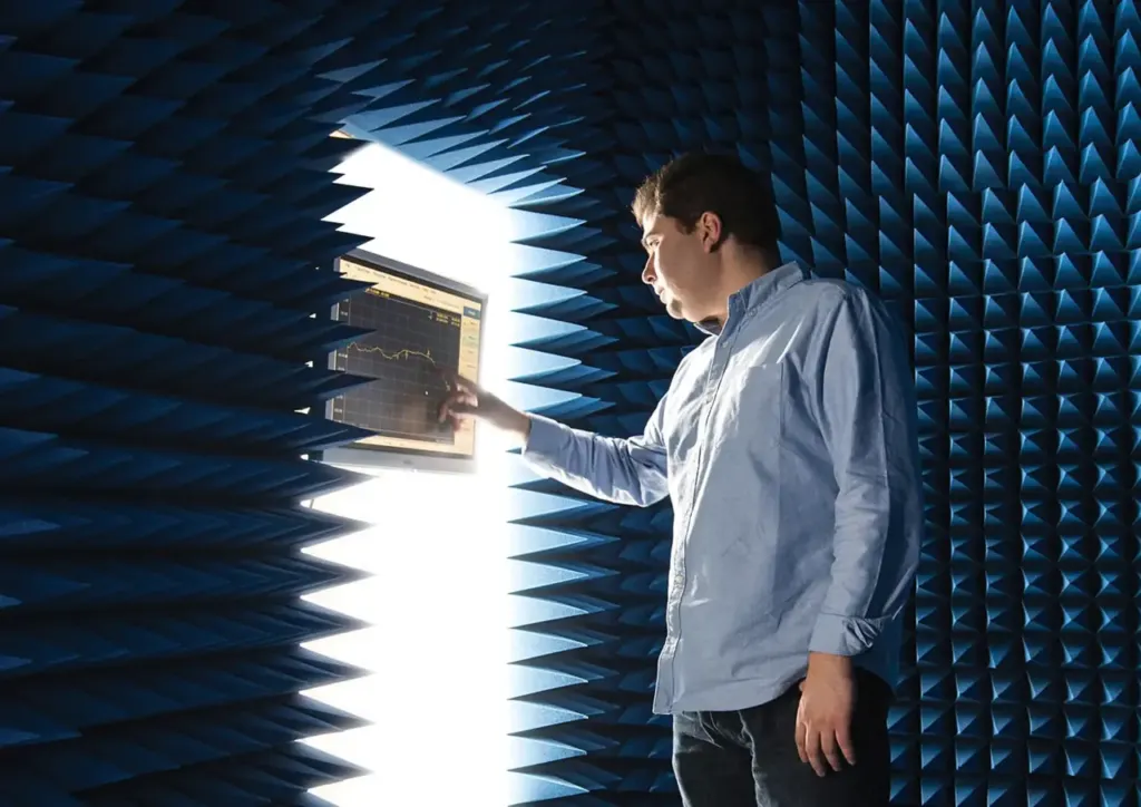Engineer testing satellite communications electronics